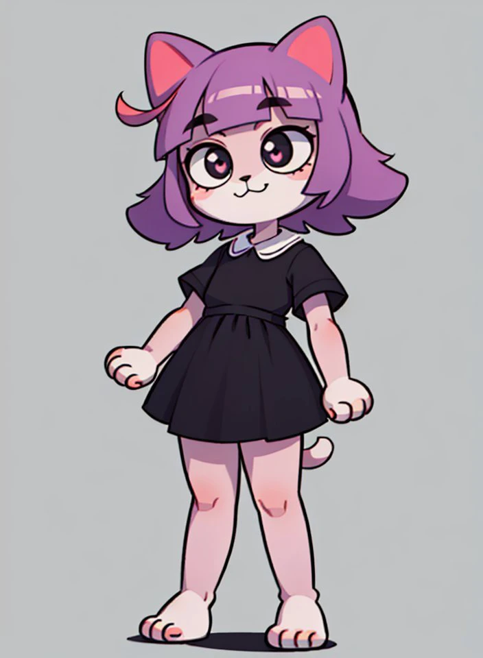 (8k, high resolution,high quality)
((masterpiece)), (detailed fur), (detailed face), concept, simple background
face
((small 1cat:1.4)), solo, (happy 1cat) , ((chibi:1.4)), (kid:1.6), child, ((big head))
((black dress, (white collar), short sleeves, violet bobhair, pink barrette in the form of a candy, cat_black_nose))
cute pads on the ((paws)), fluffy
(big feet:1.5)
(short legs:1.3)
(shorthands:2)
<lora:my_LoRA_masunya_v3:0.6>