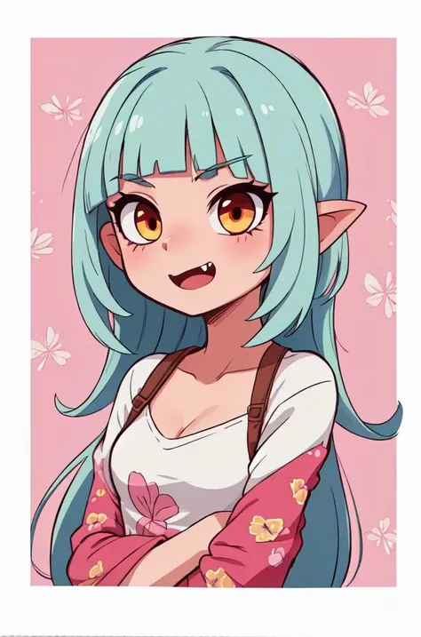 masterpiece,best quality,upper body,1girl,small breasts,pastel colors,print \(medium\),fading border,blunt bangs,no sclera,fang out,first-person view
Negative prompt: lowres, bad anatomy, bad hands, text, error, missing fingers, extra digit, fewer digits, cropped, worst quality, low quality, normal quality, jpeg artifacts, signature, watermark, username, blurry,nsfw,
Steps: 20, Sampler: DPM++ 2M, CFG scale: 5, Seed: 2594769588, Size: 512x768,