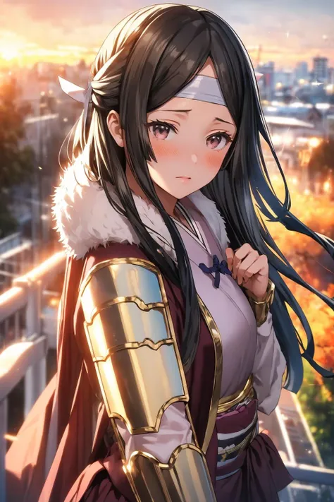 masterpiece, best quality, sayri, headband, armor, japanese clothes, sash, fur trim, upper body, blushing, pink theme, sunset, looking at viewer, from above <lora:sayri-nvwls-v1-000010:0.9>