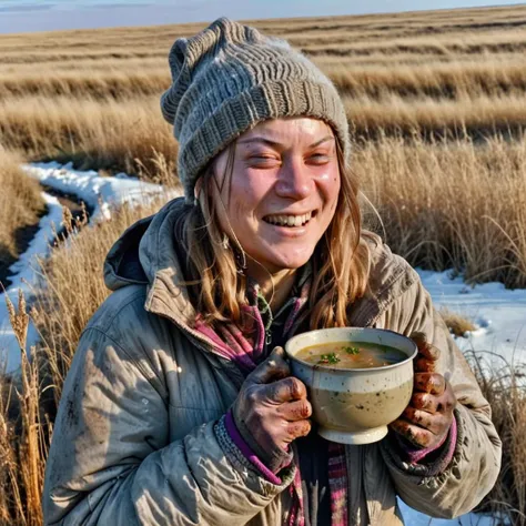 very happy but dirty greta (((freezing to death))) with a hot bowl of clear soup in her hands , dirty, cold, starvation <lora:greta:1>, outside in a prairie