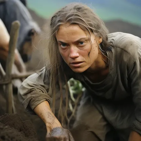 skinny starving dirty greta using a plow in a drty farm<lora:greta:1> <lora:RPGFarmerXL:1>, dirty
