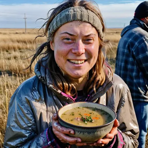 very happy but dirty greta (((freezing to death))) with a hot bowl of clear soup in her hands , dirty, cold, starvation <lora:greta:1>, outside in a prairie