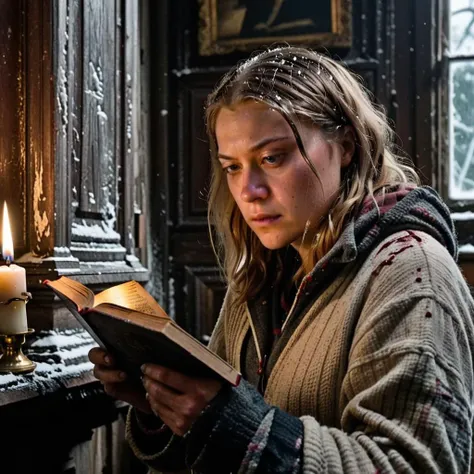 hungry and dirty greta (((freezing to death))) using a candle in an old house to read a book , gloomy, cold, <lora:greta:1>