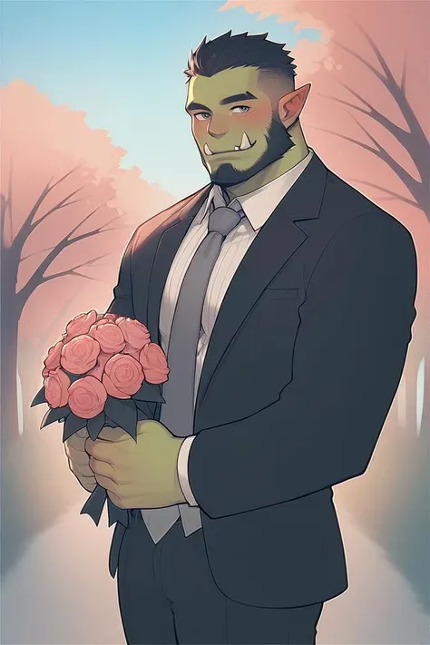 score_9, score_8_up, score_7_up, 1boy, solo, male focus, mature male, orc, green skin, tusks, beard, black hair, muscular, looking at viewer, cowboy shot, formal, black suit, suit, white shirt, collared shirt, grey necktie, long sleeves, smile, blush, holding flower, holding bouquet, standing, outdoors, sky, blue sky, tree, cherry blossoms <lora:OIS-s6 LoRA_Pony XL v6:1>