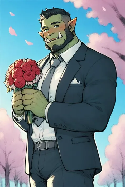 score_9, score_8_up, score_7_up, 1boy, solo, male focus, mature male, orc, green skin, tusks, beard, black hair, muscular, looking at viewer, cowboy shot, formal, black suit, suit, white shirt, collared shirt, grey necktie, long sleeves, smile, blush, holding flower, holding bouquet, standing, outdoors, sky, blue sky, tree, cherry blossoms <lora:OIS-s2 LoRA_Pony XL v6:1>