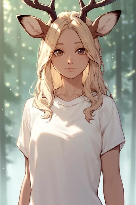 score_9, score_8_up, score_7_up, rating_safe, 1girl, solo, deer ears, horns, long hair, blonde hair, brown eyes, portrait, looking at viewer, white t-shirt, cowboy shot, standing, forest <lora:100_one-image-style-LoRA-1 SDXL_LoRA_Pony Diffusion V6 XL:0.7>