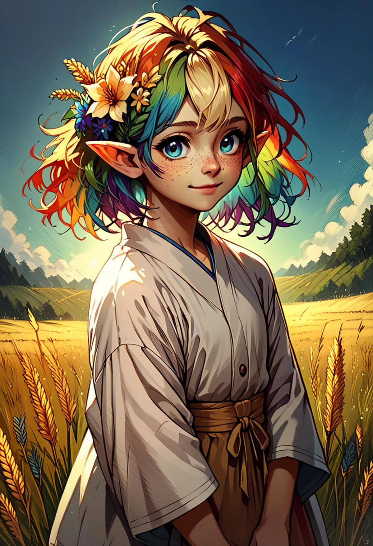 <lora:Styles\MatureMaleMix v1.4 Dark Style LoRA_Pony XL v6:1>, <lora:Styles\OIS-s4 LoRA_Pony XL v6:1>, cute, freckles, multicolored hair, pointy ears, robe, royal, medival fantasy, hair flower, wheat field, rainbow, score_9, score_8_up, score_7_up, score_6_up, score_5_up, score_4_up,