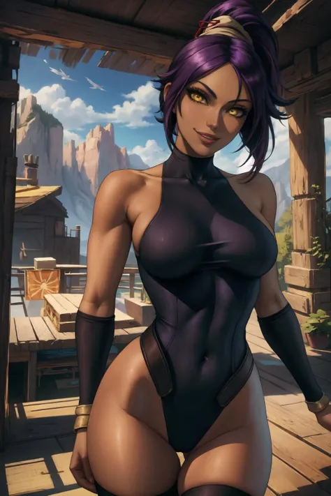 1girl, (solo:1.2), (posing sexually:1.3), (cowboy shot:1.5), smile, happy, closed mouth, luscious lips, (masterpiece:1.3), (best quality:1.3), (perfect anatomy:1.4), highly detailed, <lora:Logan Cure [MockAi - v1.0]:0.8> logancure, realistic, (film grain:1.2), soft shading, western artstyle, (detailed background scenery:1.4), (inside:1.3), <lora:Yoruichi [justTNP - v1.0]:1> yoruichi shihouin, dark skin, dark-skinned female, ponytail, purple hair, yellow eyes, (black leotard:1.4), thighhighs, scarf