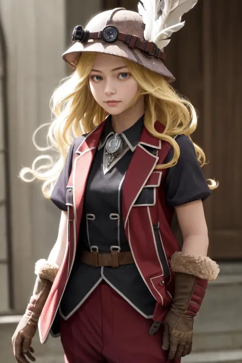 masterpiece, best quality, highres, 1girl very long hair blonde hair curly hair, red jacket helmet whistle short sleeves brown gloves red pants hat feather <lora:lyza:1> photorealistic