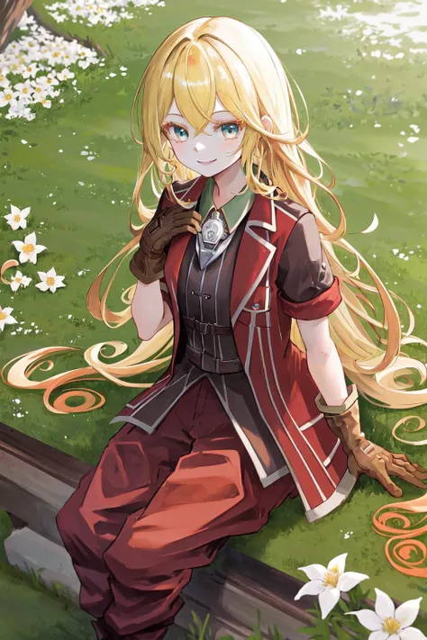 masterpiece, best quality, highres, 1girl very long hair blonde hair curly hair, red jacket whistle short sleeves brown gloves red pants <lora:lyza:1> sitting, on grass, white flowers, smile, hands on own chest