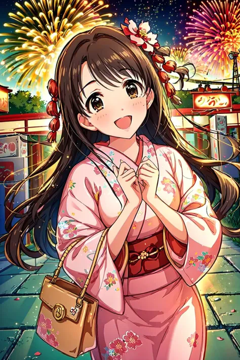 masterpiece, top quality, best quality, official art, beautiful and aesthetic,
1girl, shimamura uzuki, japanese clothes, brown hair, kimono, brown eyes, long hair, fireworks, festival, smile, yukata, hair ornament, bag, open mouth, flower, solo, hair flower, blush, summer festival,
extreme detailed,highest detailed, optical mixing, playful patterns, lively texture, unique visual effect,