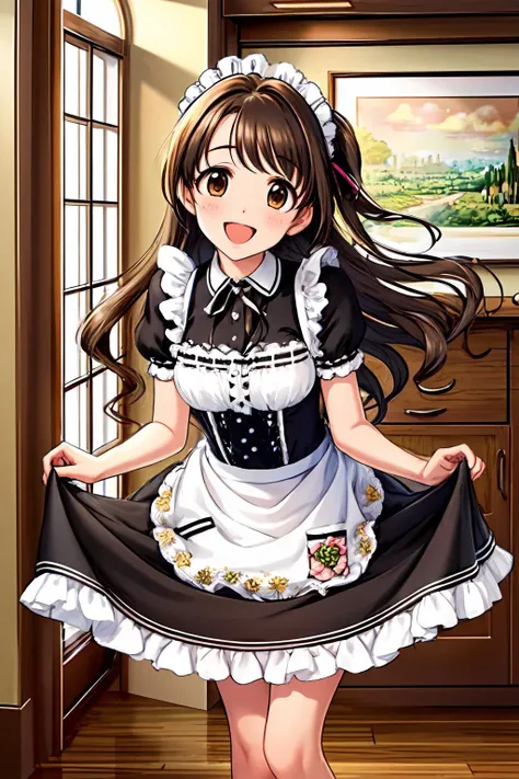 masterpiece, top quality, best quality, official art, beautiful and aesthetic,
1girl, shimamura uzuki, solo, brown hair, long hair, apron, maid, smile, short sleeves, open mouth, maid headdress, ribbon, frills, looking at viewer, one side up, ribbon trim, brown eyes, white apron, puffy sleeves, dress, :d, blush, enmaided, black ribbon, puffy short sleeves, neck ribbon, skirt hold, alternate costume, maid apron, frilled apron, bangs, black dress, wing collar, floating hair, collared dress, breasts, swept bangs, tareme, medium breasts, standing, shiny hair, ribbon-trimmed sleeves,indoor,
extreme detailed,highest detailed, optical mixing, playful patterns, lively texture, unique visual effect,