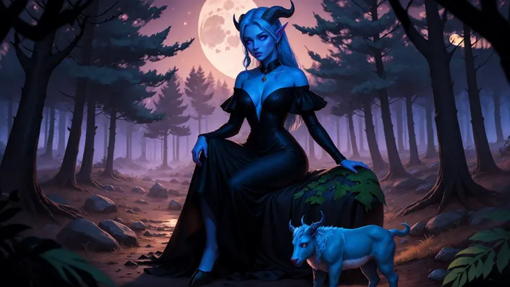 in the forest at night, moonlight, black gown, Draenei, blue skin, horns, glowing eyes, hooves, <lora:Draenew:0.75>
