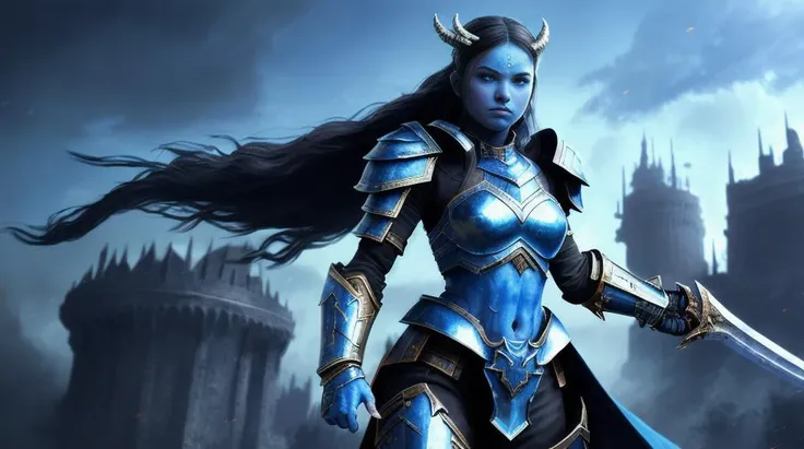 masterpiece, best quality,CG,wallpaper,HDR,high quality, solo, 1girl, blue skin, warrior,plate armored, better hands <lora:envybetterhandsLocon_beta2:1> <lora:draenei_:1>