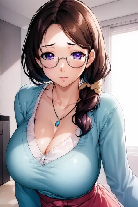 (Night:1.7), Modern apartment, high rise, CityView, Before Window,
Standing at attention,
yellow apron,Green shirt,long sleeves, cleavage, collarbone,
<lora:Mifuyu_Mamiya_Breast_Family-KK77-V1:0.7>,glasses,jewelry,necklace,
brown hair,purple eyes,braid,single braid,yellow hair ornament,
1 girl, 20yo,Young female,Beautiful Finger,Beautiful long legs,Beautiful body,Beautiful Nose,Beautiful character design, perfect eyes, perfect face,expressive eyes,
looking at viewer, in the center of the image,(Upper_body),(Focus on her face),
official art,extremely detailed CG unity 8k wallpaper, perfect lighting,Colorful, Bright_Front_face_Lighting,shiny skin,
(masterpiece:1.0),(best_quality:1.0), ultra high res,4K,ultra-detailed,
photography, 8K, HDR, highres, absurdres:1.2, Kodak portra 400, film grain, blurry background, bokeh:1.2, lens flare, (vibrant_color:1.2)
(Beautiful,large_Breasts:1.4), (beautiful_face:1.5),(narrow_waist),