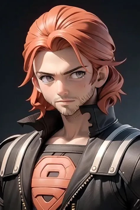 masterpiece, best quality, illustration, 1boy, solo, male focus, looking at viewer, upper body, depth of field, , realistic, <lora:gildarts_clive:0.66>, gildarts_clive, orange hair, black eyes, , superhero costume, feminist science fiction, 16k resolution