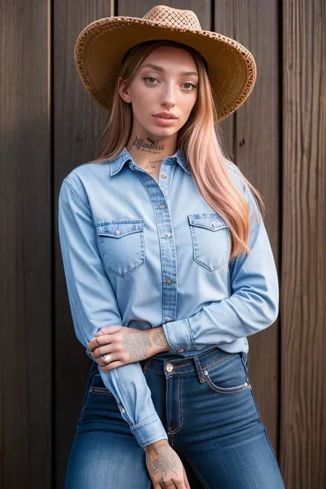 DEN_nefka_SG,
country beauty posing against a wooden fence with a plaid shirt and jeans and a cowboy hat, cow girl, country girl, cow girl,
bokeh, f1.4, 40mm, photorealistic, raw, 8k, textured skin, skin pores, intricate details, <lora:epi_noiseoffset2:1>, epiCRealism, <lora:ClothingAdjuster3:-0.7>