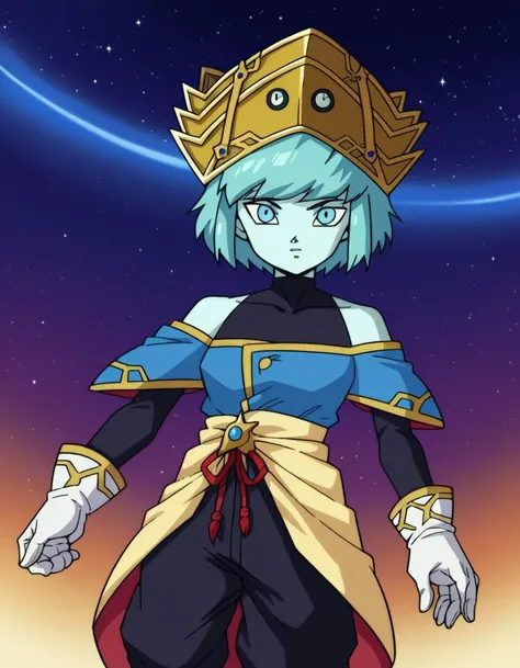 score_9, score_8_up, score_7_up, source_anime,
dragonballaeos, <lora:dragonball-aeos-ponyxl-lora-nochekaiser:1>,
aeos formone, short hair, gloves, long sleeves, hat, bare shoulders, blue hair, pants, white gloves, off shoulder, colored skin, turtleneck, crown, covered collarbone,
outdoors, space, stars \(sky\),
looking at viewer, dutch angle, cowboy shot,