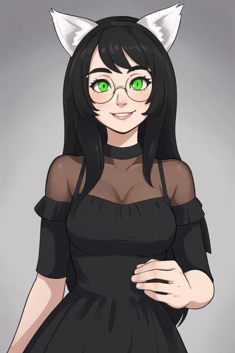 best quality, afterglow, 4k, ((masterpiece)), extremely detailed, 8k, trending on ArtStation, Intricate, High Detail, Sharp focus,, best quality, afterglow, 4k, ((masterpiece)), extremely detailed, 8k, trending on ArtStation, Intricate, High Detail, Sharp focus, hsjade <lora:hsjade:0.9>, 1girl, solo, glasses, long hair, smile, black hair, green eyes, white animal ears, round eyewear, dress, black dress