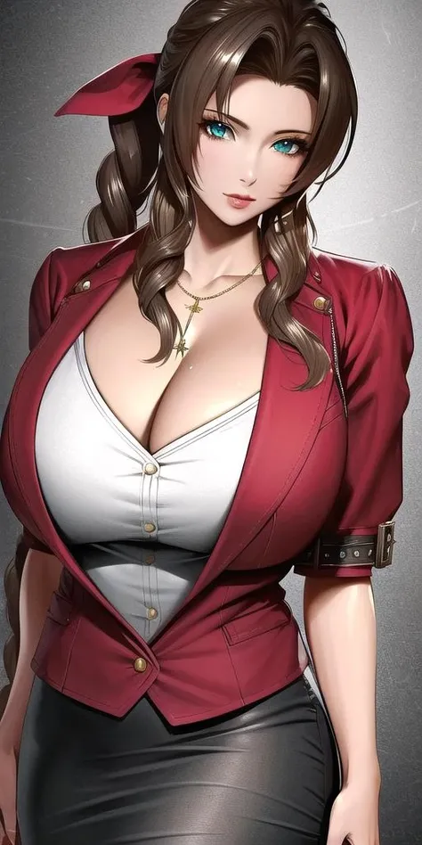 <lora:Gainsborough_AerithV1:0.7> gainsborough_aerith, huge_breasts, skirt_suit, masterpiece, best quality, detailed face, detailed eyes, highres,