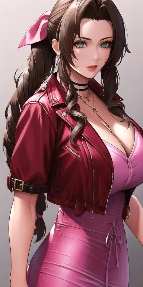 <lora:Gainsborough_AerithV1:0.7> gainsborough_aerith, huge_breasts, Pink_sleeveless_dress_Choker_Collar_Cleavage_Red_cropped_jacket, masterpiece, best quality, detailed face, detailed eyes, highres,