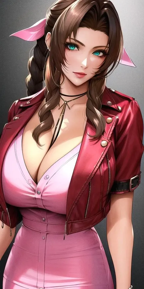 <lora:Gainsborough_AerithV1:0.7> gainsborough_aerith, , Pink_sleeveless_dress_Choker_Collar_Cleavage_Red_cropped_jacket, masterpiece, best quality, detailed face, detailed eyes, highres,