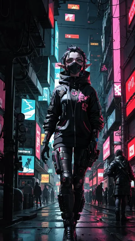 masterpiece, best quality, high quality, absurdres, Zelda, closeup, cyberpunk style, punk hair, science fiction, cyberpunk outfit, cyberpunk background, cinematic scene, detailed background, vivid