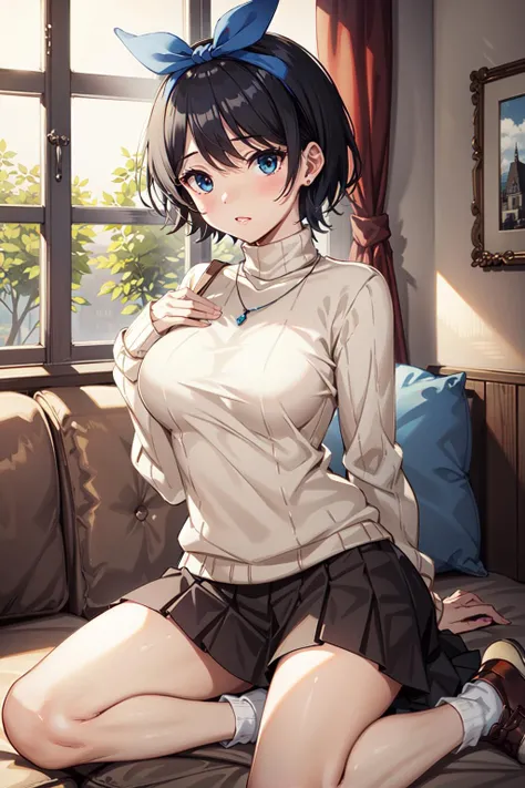 masterpiece, best quality, highres, 1girl, solo, jewelry, skirt, sweater, necklace, black skirt, black hair, short hair, ribbed sweater, socks, turtleneck sweater, turtleneck, white socks, blue eyes, long sleeves, pleated skirt, ribbon, breasts, bow, hair ribbon, hairband, hair bow, bangs, large breasts, sarashina ruka, <lora:sarashina_ruka_v10:0.7>