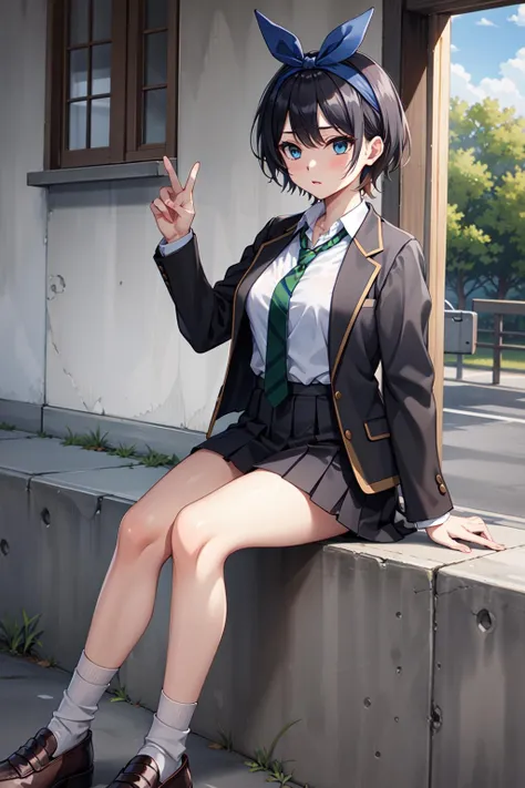 masterpiece, best quality, highres, 1girl, solo, brown footwear, skirt, jacket, shirt, blue eyes, white shirt, necktie, green necktie, black hair, pleated skirt, socks, diagonal-striped necktie, open jacket, open clothes, striped necktie, shoes, collared shirt, loafers, black jacket, black skirt, striped, blazer, short hair, long sleeves, bangs, school uniform, black socks, diagonal stripes, hairband, hair ribbon, ribbon, blue hairband, dress shirt, bow,  <lora:sarashina_ruka_v10:0.6>