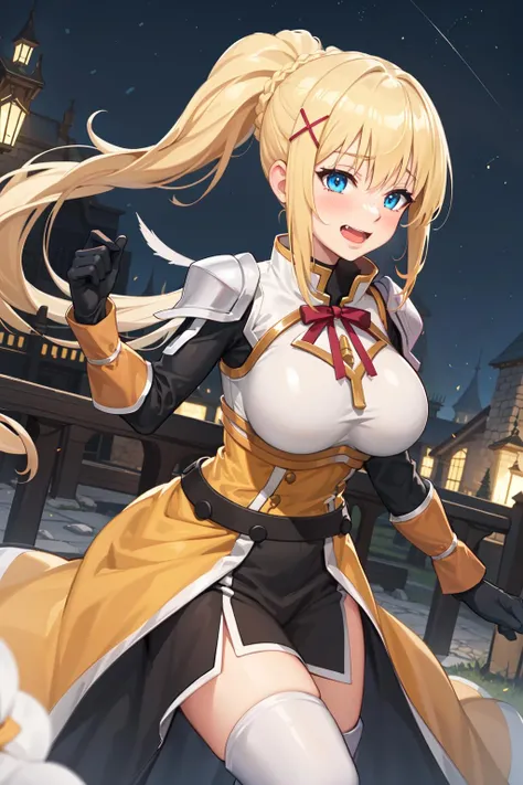 best quality, highres, 1girl, long hair, blonde hair, x hair ornament, armor, blue eyes, ponytail, hair ornament, gloves, shoulder armor, braid, black gloves, pauldrons, white boots, darkness \(konosuba\), huge breasts, <lora:darkness (konosuba)_v10:0.6>, cowboy shot, castle, outdoors, (excited:1.2), blush, open mouth,
