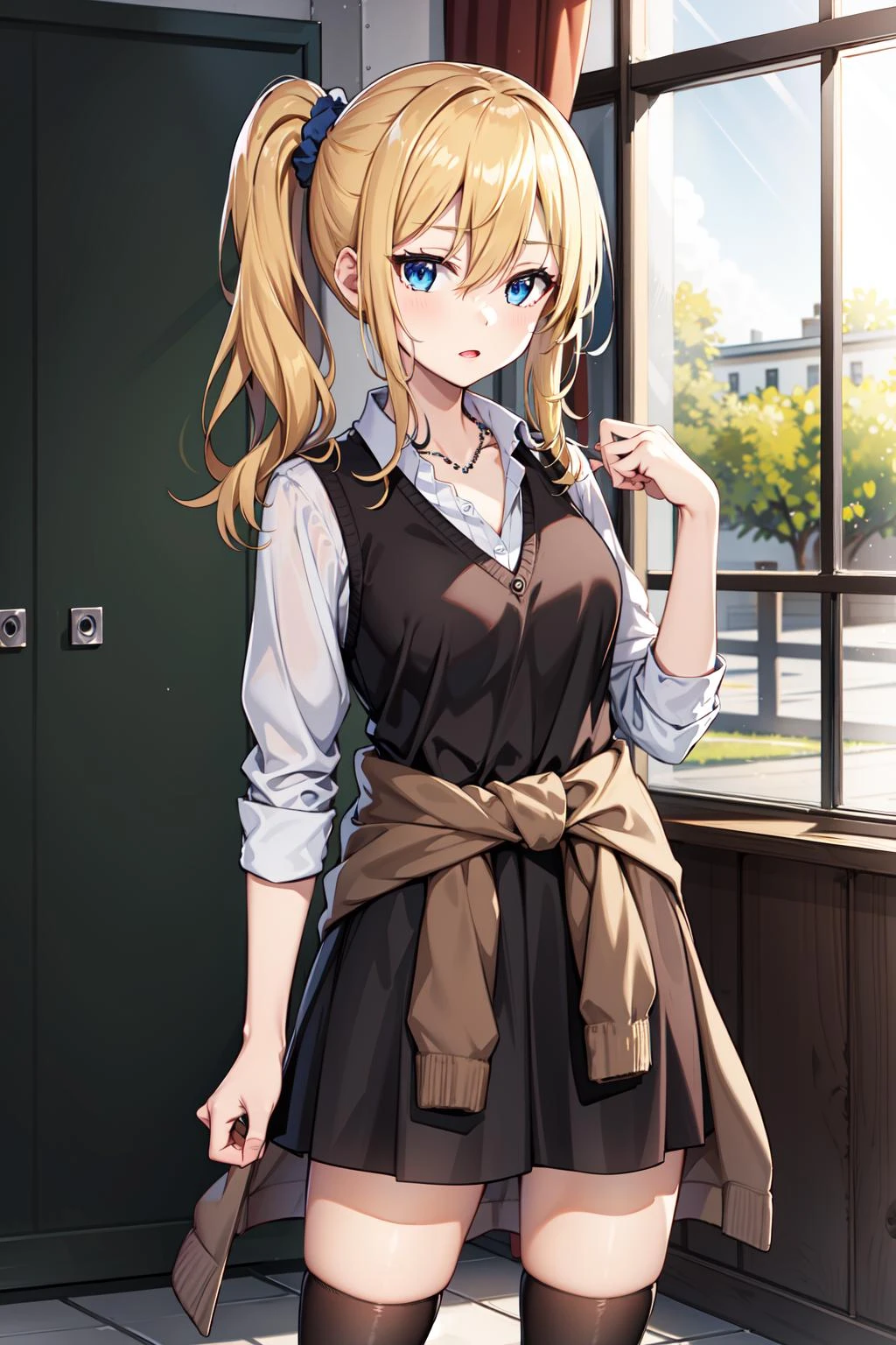 masterpeace, best quality, highres, 1girl, solo, hayasaka ai, blue scrunchie, side ponytail, hair between eyes, blue eyes, blonde hair, hair ornament, breasts, school uniform, collared shirt, hair scrunchie, clothes around waist, bangs, black socks, black vest, long hair, long sleeves, cardigan, sidelocks, kneehighs, dress shirt, necklace, collarbone, black dress, jewelry, sweater, <lora:hayasaka_ai_v10:0.6>, cowboy shot, standing,