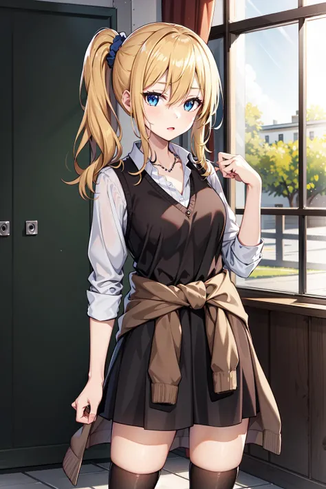masterpeace, best quality, highres, 1girl, solo, hayasaka ai, blue scrunchie, side ponytail, hair between eyes, blue eyes, blonde hair, hair ornament, breasts, school uniform, collared shirt, hair scrunchie, clothes around waist, bangs, black socks, black vest, long hair, long sleeves, cardigan, sidelocks, kneehighs, dress shirt, necklace, collarbone, black dress, jewelry, sweater, <lora:hayasaka_ai_v10:0.6>, cowboy shot, standing,