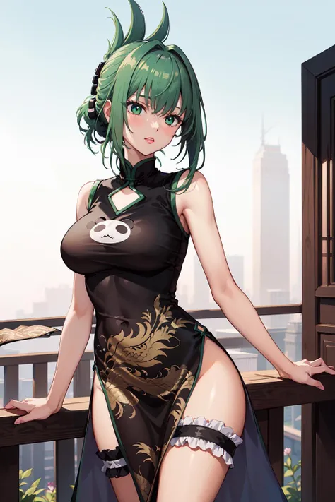 masterpeice, best quality, highres, 1girl, solo, china dress, chinese clothes, dress, green hair, side slit, breasts, black dress, folded ponytail, green eyes, animal print, tao jun, large breasts, outdoors, cowboy shot, <lora:tao_jun_v1:0.7>