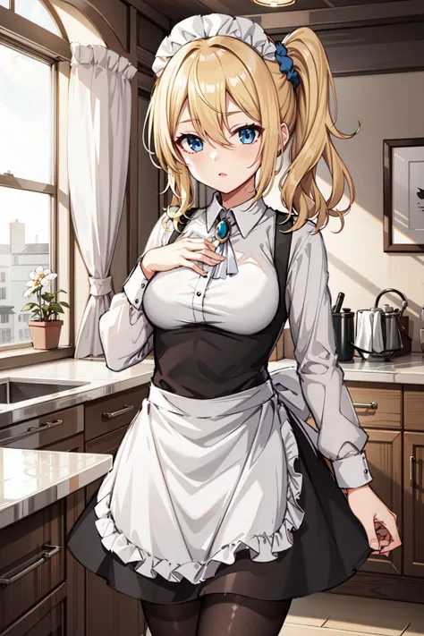 masterpeace, best quality, highres, 1girl, hayasaka ai, solo, blonde hair, maid, blue eyes, side ponytail, hair scrunchie, hair ornament, blue scrunchie, maid headdress, apron, hair between eyes, breasts, long sleeves, bangs, white shirt, black dress, sidelocks, maid apron, black pantyhose,  <lora:hayasaka_ai_v10:0.6>, cowboy shot,