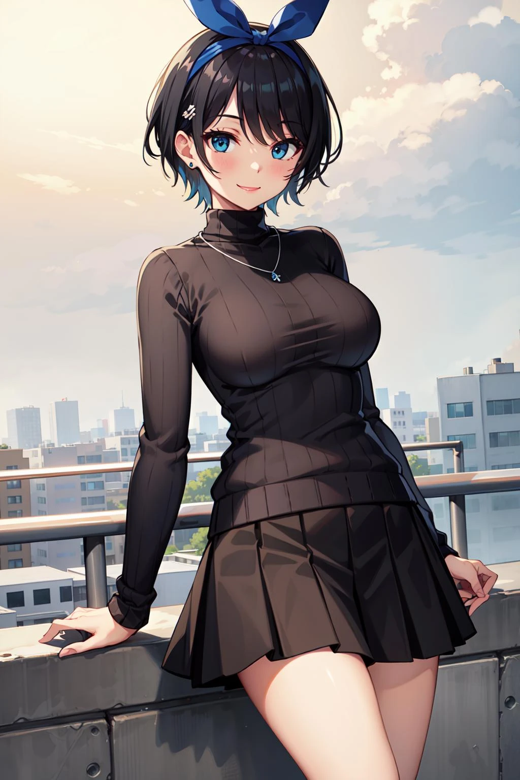 masterpiece, best quality, highres, 1girl, solo, jewelry, skirt, sweater, necklace, black skirt, black hair, short hair, ribbed sweater, socks, turtleneck sweater, turtleneck, white socks, blue eyes, long sleeves, pleated skirt, ribbon, breasts, bow, hair ribbon, hairband, hair bow, bangs, large breasts, sarashina ruka, <lora:sarashina_ruka_v10:0.6>, cowboy shot, smile,