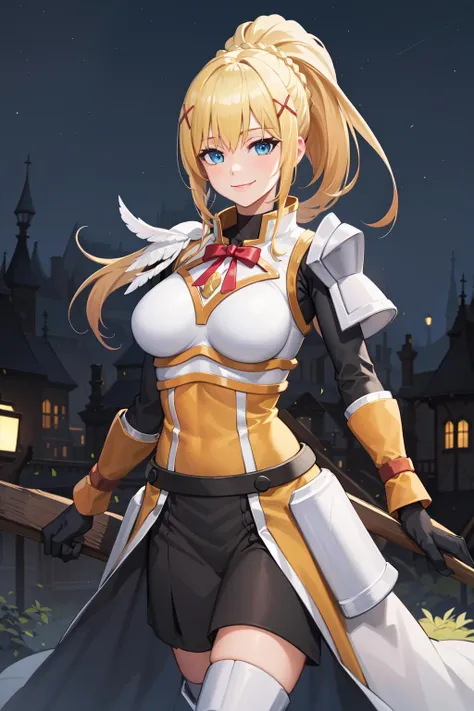 best quality, highres, 1girl, long hair, blonde hair, x hair ornament, armor, blue eyes, ponytail, hair ornament, gloves, shoulder armor, braid, black gloves, pauldrons, white boots, darkness \(konosuba\), large breasts, <lora:darkness (konosuba)_v1:0.6>, cowboy shot, castle, outdoors, smile,