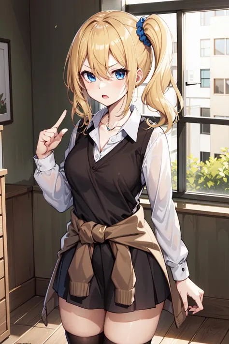 masterpeace, best quality, highres, 1girl, solo, hayasaka ai, blue scrunchie, side ponytail, hair between eyes, blue eyes, blonde hair, hair ornament, breasts, school uniform, collared shirt, hair scrunchie, clothes around waist, bangs, black socks, black vest, long hair, long sleeves, cardigan, sidelocks, kneehighs, dress shirt, necklace, collarbone, black dress, jewelry, sweater, <lora:hayasaka_ai_v10:0.6>, angry, pointing at viewer