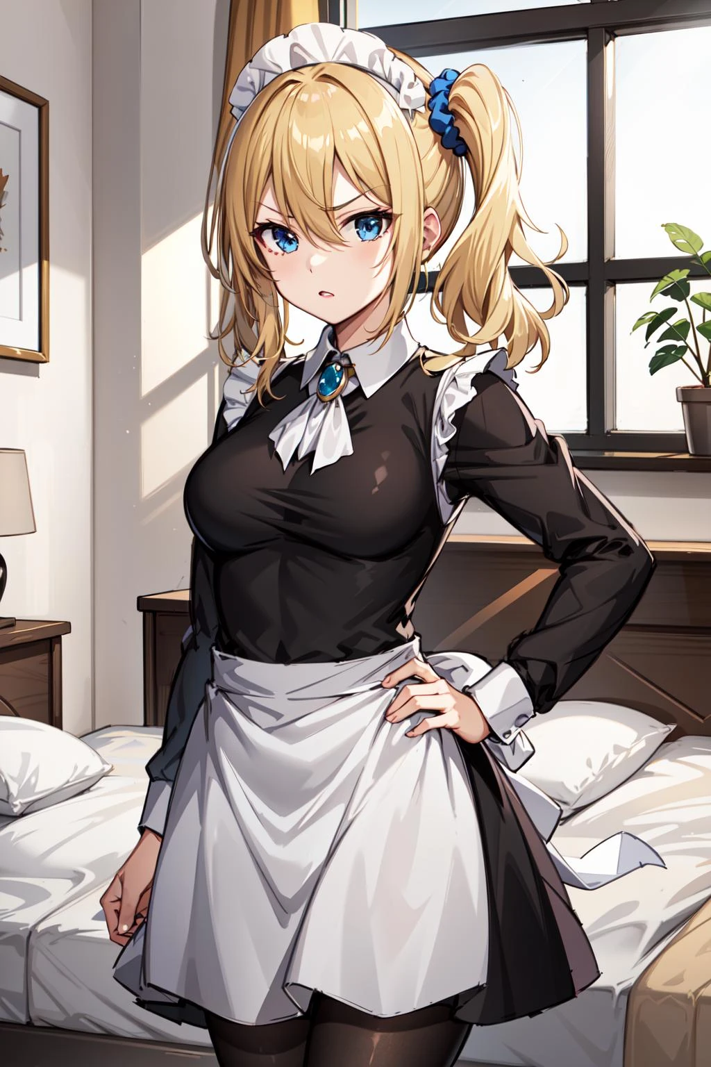 masterpeace, best quality, highres, 1girl, hayasaka ai, solo, blonde hair, maid, blue eyes, side ponytail, hair scrunchie, hair ornament, blue scrunchie, maid headdress, apron, hair between eyes, breasts, long sleeves, bangs, white shirt, black dress, sidelocks, maid apron, black pantyhose, <lora:hayasaka_ai_v10:0.6>, cowboy shot, hand on hip, angry, room, bed, standing,