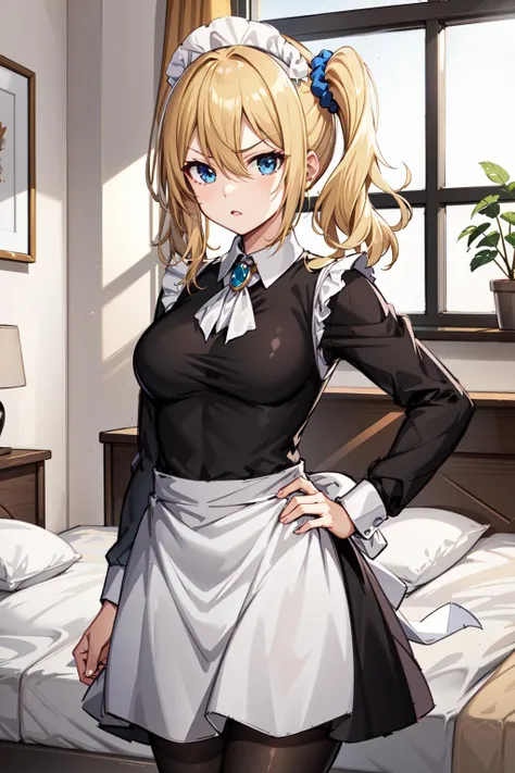 masterpeace, best quality, highres, 1girl, hayasaka ai, solo, blonde hair, maid, blue eyes, side ponytail, hair scrunchie, hair ornament, blue scrunchie, maid headdress, apron, hair between eyes, breasts, long sleeves, bangs, white shirt, black dress, sidelocks, maid apron, black pantyhose,  <lora:hayasaka_ai_v10:0.6>, cowboy shot, hand on hip, angry, room, bed, standing,