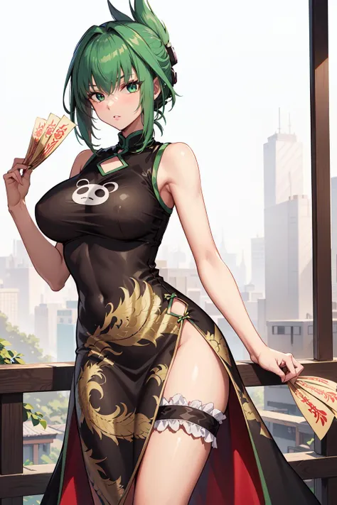 masterpeice, best quality, highres, 1girl, solo, china dress, chinese clothes, dress, green hair, side slit, breasts, black dress, folded ponytail, green eyes, animal print, tao jun, large breasts, outdoors, cowboy shot, <lora:tao_jun_v1:0.7>, (holding ofuda:1.1)