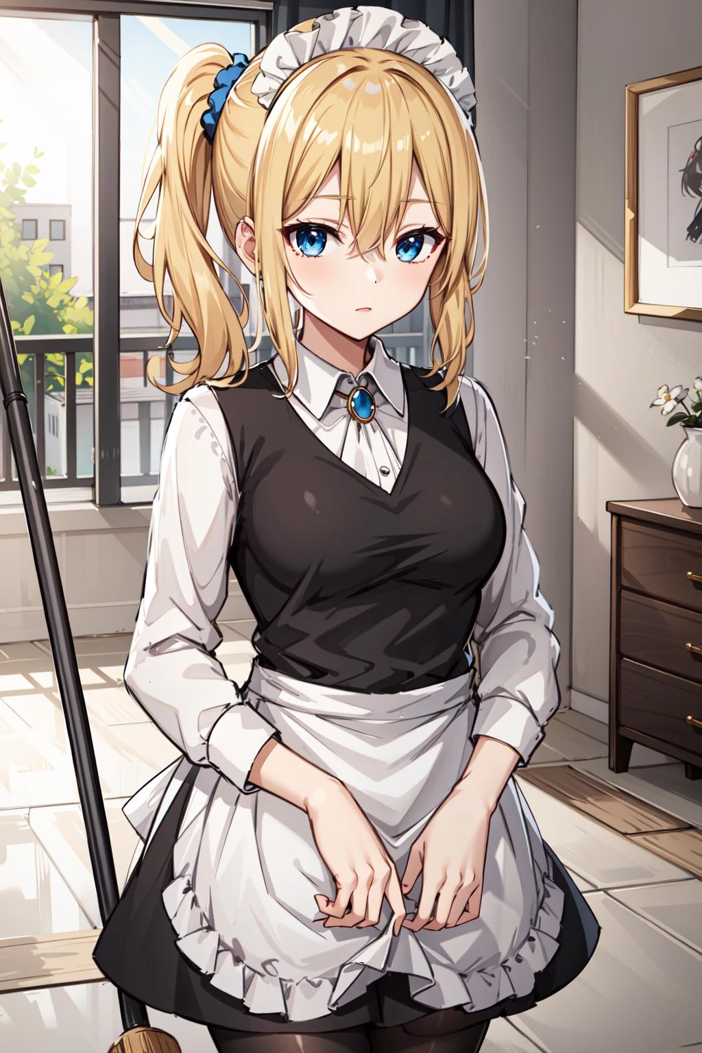 masterpeace, best quality, highres, 1girl, hayasaka ai, solo, blonde hair, maid, blue eyes, side ponytail, hair scrunchie, hair ornament, blue scrunchie, maid headdress, apron, hair between eyes, breasts, long sleeves, bangs, white shirt, black dress, sidelocks, maid apron, black pantyhose, <lora:hayasaka_ai_v10:0.6>, :i, cleaning, room,