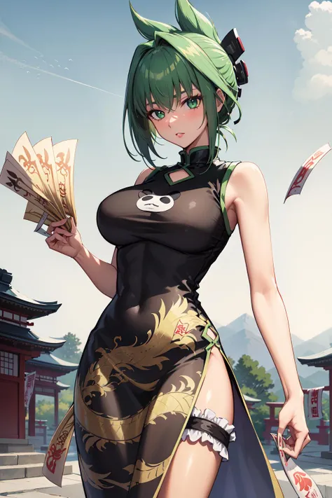 masterpeice, best quality, highres, 1girl, solo, china dress, chinese clothes, dress, green hair, side slit, breasts, black dress, folded ponytail, green eyes, animal print, tao jun, large breasts, outdoors, cowboy shot, <lora:tao_jun_v1:0.7>, (holding, ofuda:1.5)