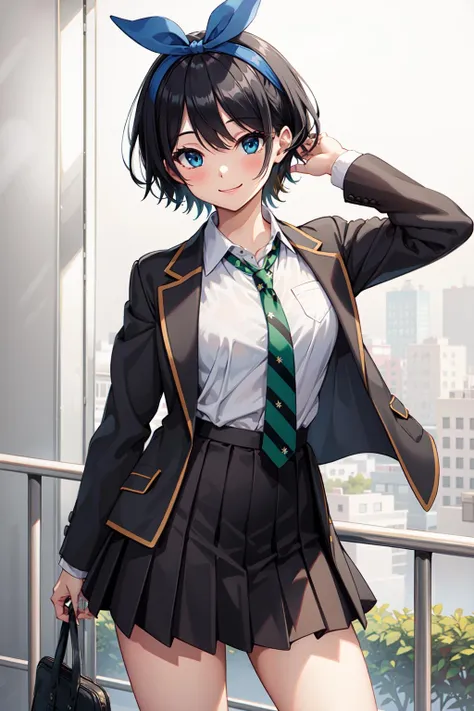 masterpiece, best quality, highres, 1girl, solo, skirt, jacket, shirt, blue eyes, white shirt, necktie, green necktie, black hair, pleated skirt, socks, diagonal-striped necktie, open jacket, open clothes, striped necktie, collared shirt, black jacket, black skirt, striped, blazer, short hair, long sleeves, bangs, school uniform, black socks, diagonal stripes, hairband, hair ribbon, ribbon, blue hairband, dress shirt, bow,  <lora:sarashina_ruka_v10:0.6>, cowboy shot, smile,