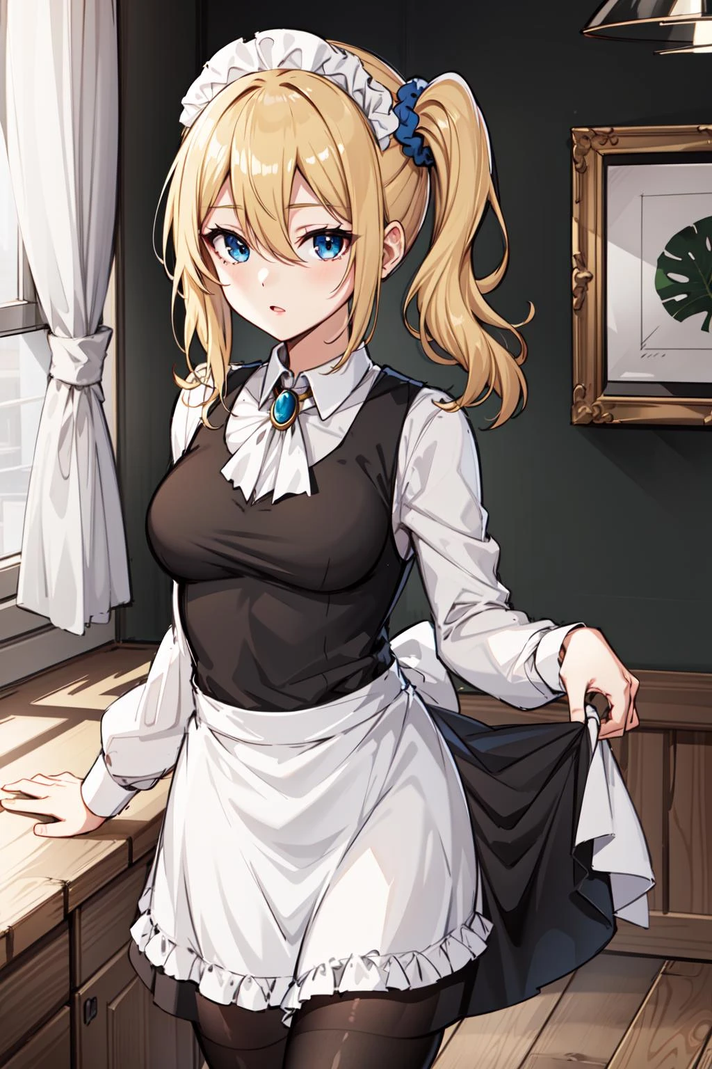 masterpeace, best quality, highres, 1girl, hayasaka ai, solo, blonde hair, maid, blue eyes, side ponytail, hair scrunchie, hair ornament, blue scrunchie, maid headdress, apron, hair between eyes, breasts, long sleeves, bangs, white shirt, black dress, sidelocks, maid apron, black pantyhose, <lora:hayasaka_ai_v10:0.6>, cowboy shot,