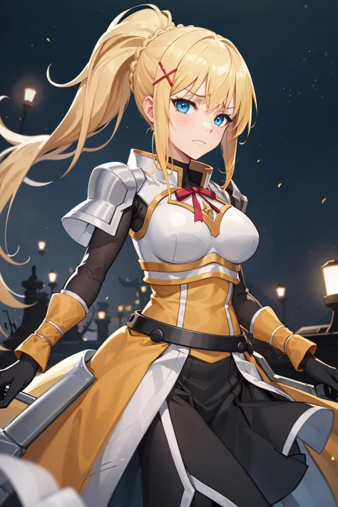 best quality, highres, 1girl, long hair, blonde hair, x hair ornament, armor, blue eyes, ponytail, hair ornament, gloves, shoulder armor, braid, black gloves, pauldrons, white boots, darkness \(konosuba\), large breasts, <lora:darkness (konosuba)_v1:0.6>, cowboy shot, frown