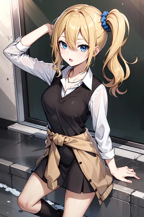 masterpeace, best quality, highres, 1girl, solo, hayasaka ai, blue scrunchie, side ponytail, hair between eyes, blue eyes, blonde hair, hair ornament, breasts, school uniform, collared shirt, hair scrunchie, clothes around waist, bangs, black socks, black vest, long hair, long sleeves, cardigan, sidelocks, kneehighs, dress shirt, necklace, collarbone, black dress, jewelry, sweater, <lora:hayasaka_ai_v10:0.6>