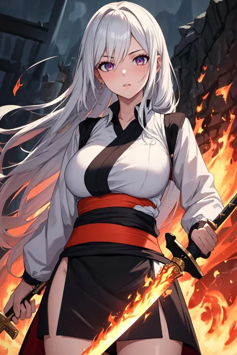 (masterpiece:1.5) (best quality:1.5), ultra-detailed, 8k, extreme detailed eyes, 1girl, black_sash, breasts, fire, flaming_sword, flaming_weapon, holding, holding_sword, holding_weapon, large_breasts, long_hair, looking_at_viewer, sash, sword, weapon, white_hair