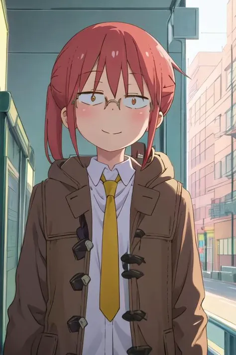 best quality, masterpiece, highres, solo, {kobayashi_kobayashisanchinomaidragon:1.15}, glasses, red_hair, blush, ponytail, bangs, closed_mouth, brown_eyes, 1girl, coat, collared_shirt, necktie, shirt, white_shirt, yellow_necktie, brown_coat, hair_between_eyes, looking_at_viewer, upper_body, smile, parody