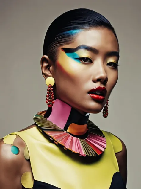 fashion photography, a woman with a necklace and earrings on , innovative makeup , by jeffstaple , photo by Bissera Videnova<lora:Innovative_Makeup:1>