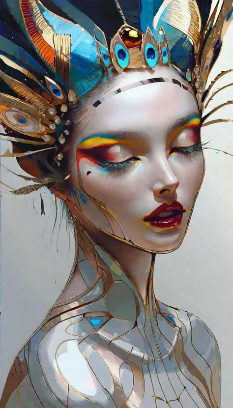 Professional fashion photography of a person with innovative makeup, [by Charlotte Tilbury:Thom Browne:0.5],  <lora:Innovative_Makeup:1>, taken by Garry Winogrand,
BREAK
A super model, detailed beautiful face, ravishing, closed eyes, ancient makeup, revolutionary makeup, avant-garde cosmetics, bold color palette, artistic face painting, futuristic beauty, high fashion makeup style, striking facial features, creative makeup artistry, abstract beauty, hyper-realistic detailing, vibrant and unconventional makeup, beauty innovation, cutting-edge makeup technology, 
BREAK
best quality, high quality, masterpiece, realistic, [by yejji:Seb Mckinnon:0.5],
break
LUT, advanced lighting techniques, high dynamic range, vivid and accurate colors, harmonious color scheme, meticulously detailed, visually stunning, emotionally engaging, sharp contrast, digital painting quality, cinematic quality, subtle shadows, Complex Shading, Immersive Depth, Advanced Rendering, Depth of Field, sharp focus, Depth and Perspective, bokeh, film grain,